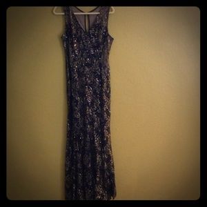 Gold and Navy Sleeveless Evening Dress